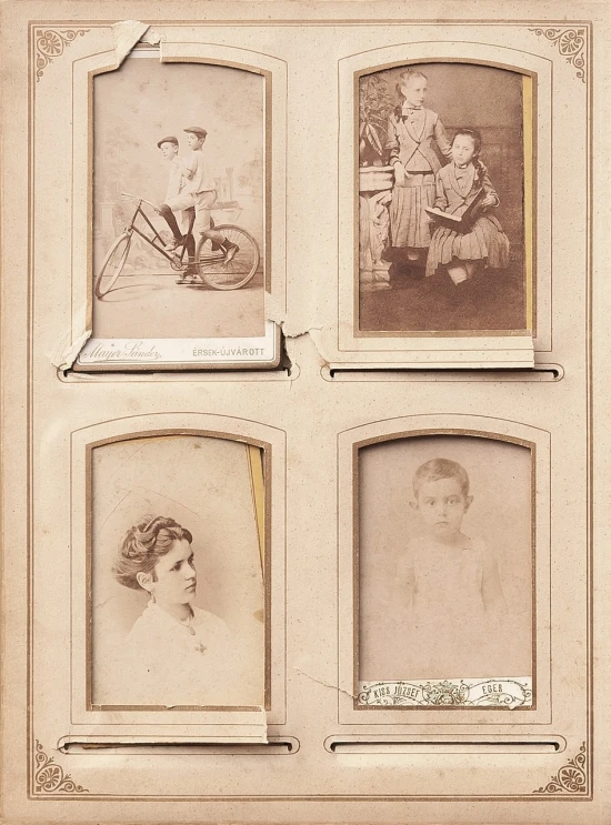 an old photo of a woman and two children, a portrait, by Samuel Birmann, flickr, diptych, card frame, detail shots, ; wide shot