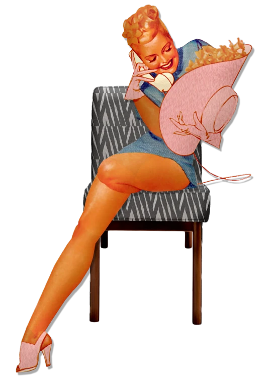 a pin up girl sitting on a chair reading a book, inspired by Bunny Yeager, flickr, pop art, full body render, she is easting a peach, tied with chair, ((oversaturated))