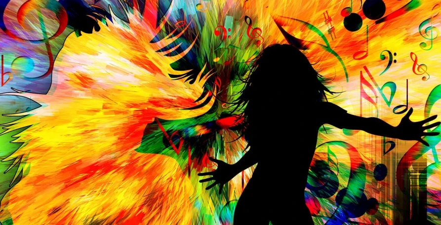 a person that is standing in front of a painting, a digital painting, inspired by LeRoy Neiman, psychedelic art, silhouette!!!, she is dancing. realistic, mobile wallpaper, colored feathers