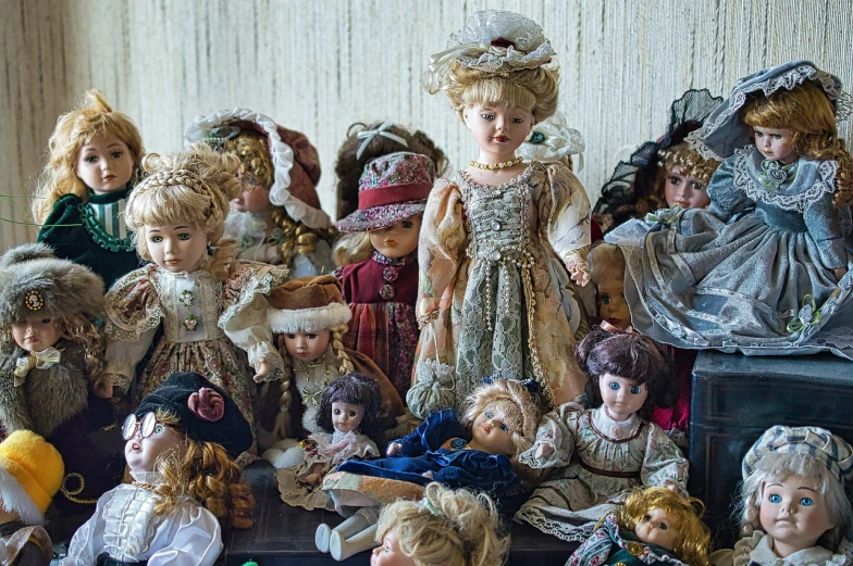 a group of dolls sitting on top of a table, a portrait, inspired by Margaret Brundage, flickr, antiques, 8k)), knick - knacks, style of lois royo