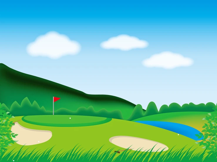 a golf course with a pond and mountains in the background, figuration libre, version 3, flag, けもの, made with illustrator