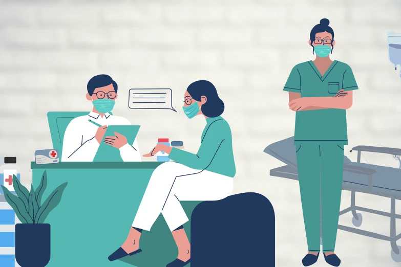 a couple of people that are sitting down, an illustration of, by Matija Jama, shutterstock, masked doctors, pharmacy, complaints, a wide shot