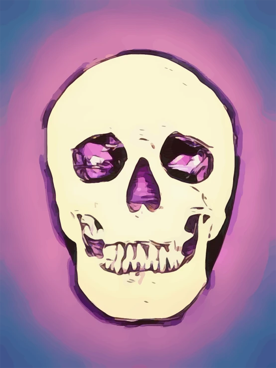 a close up of a skull on a purple background, a digital painting, digital art, in art style, high contrast illustration, full color illustration, very slightly smiling