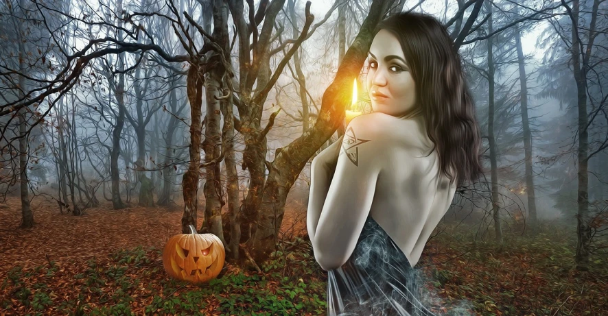 a woman standing in a forest next to a pumpkin, digital art, inspired by Anne Stokes, portrait!!!, digital art. photo realistic, in a halloween style, smoldering