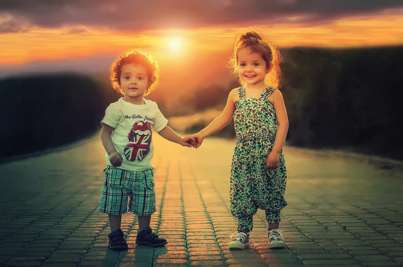a couple of kids that are holding hands, by Joze Ciuha, pixabay, romanticism, hot with shining sun, photo realistic”, sweet smile, with beautiful colors