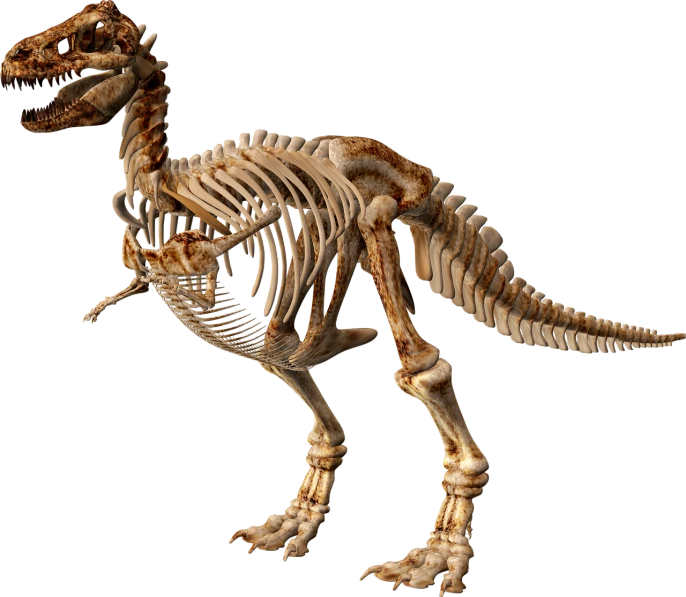 a skeleton of a dinosaur on a black background, a digital rendering, shutterstock, massurrealism, camel, 1/320, alosaurus, chicken