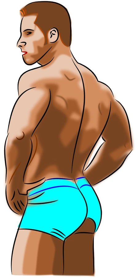 a drawing of a man in a blue underwear, a digital rendering, by Hugh Hughes, digital art, rear side portrait of a muscular, colored manga panel, clip art, ( brown skin )