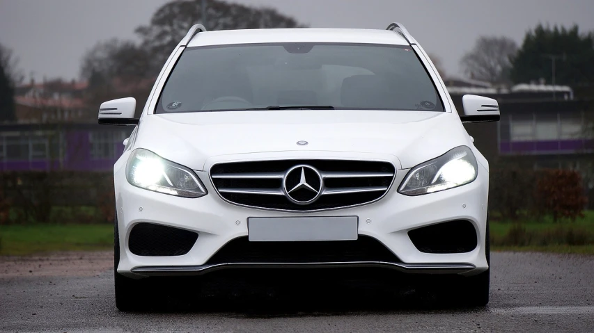 a white mercedes benz benz benz benz benz benz benz benz benz benz benz benz benz benz benz, a picture, by Jay Hambidge, pexels, big glowing eyes, banner, full view of a car, rectangle