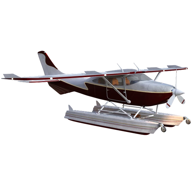 a small red and white plane flying through the air, a digital rendering, polycount contest winner, photorealism, boat with lamp, on black background, cessna, 8k octae render photo