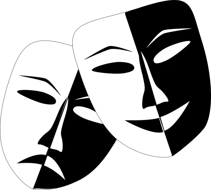 a couple of masks sitting next to each other, vector art, trending on pixabay, dramatic masterpiece, broadway, high-contrast, both faces visible