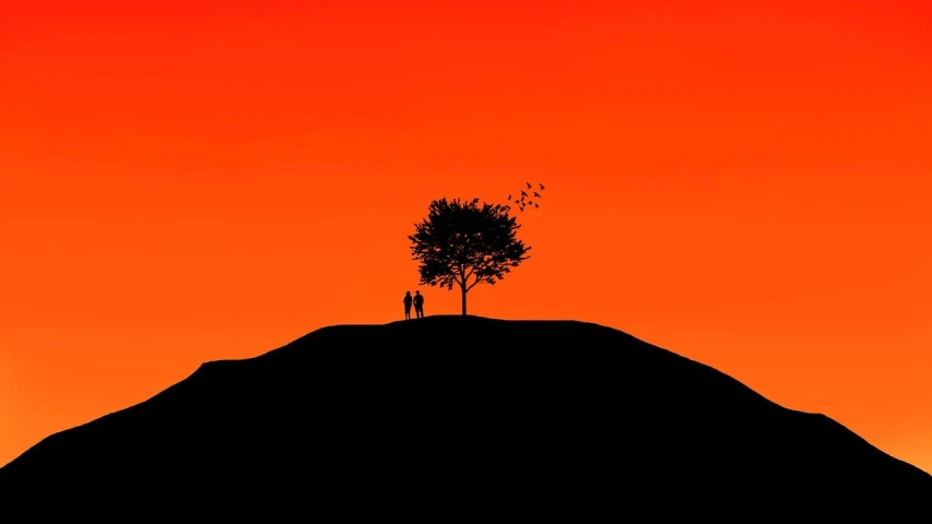 a couple of people standing on top of a hill, a picture, by Saurabh Jethani, trending on pixabay, minimalism, simple tree fractal, dark orange black white red, under the soft shadow of a tree, high contrast 8k