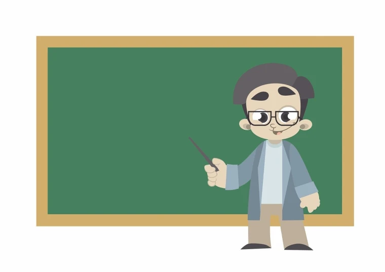 a man standing in front of a blackboard with a pointer, an illustration of, inspired by Masamitsu Ōta, academic art, thick glasses, no gradients, mr bean, dad