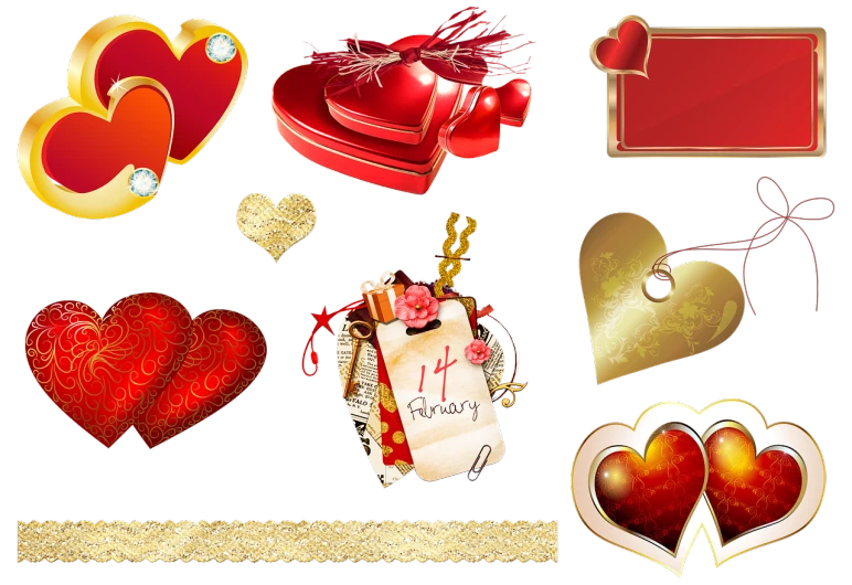 a collection of valentine's day items on a black background, vector art, by Valentine Hugo, gold and red metal, collages, scrapbook, lowres
