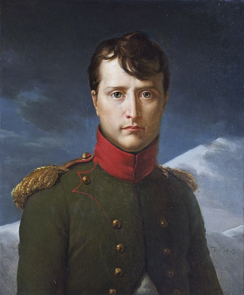 a painting of a man in a military uniform, a portrait, flickr, romanticism, napoleon crossing the alps, intense gaze, crisp face, a photo of a man
