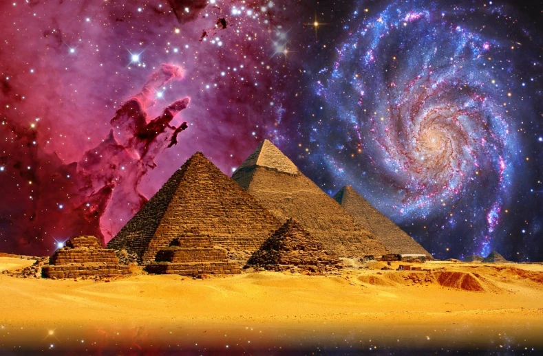an image of the great pyramids of giza, egyptian art, psychedelic art, on a galaxy looking background, background image, hermetic, esoteric equation heaven