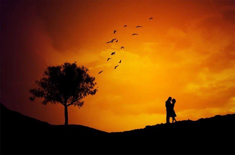 a couple standing on top of a hill next to a tree, a picture, by Jitish Kallat, tumblr, romanticism, orange sky, lovely kiss, soaring, cutest