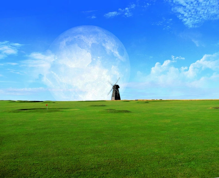 a windmill sitting on top of a lush green field, a matte painting, flickr, magic realism, standing on the moon, golf course, distant photo, very wide shot