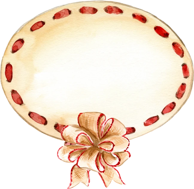 a close up of a plate with a bow on it, a digital rendering, tumblr, art nouveau, vignette illustration, round background, parchment, red rim light