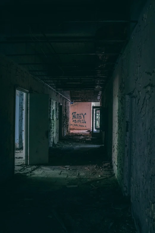 an empty building with graffiti on the walls, inspired by Elsa Bleda, graffiti, abandoned hospital, dark vibes, ivan shishk, tyler west