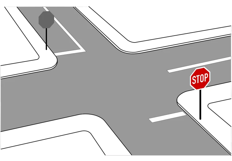 a red stop sign sitting on the side of a road, an illustration of, inspired by Peter de Sève, trending on pixabay, digital art, black and white vector, intersection, top-down view, grey shift