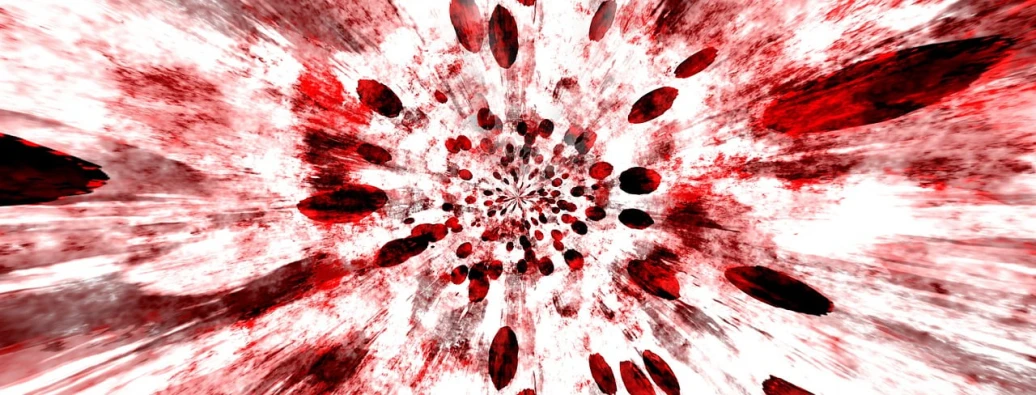 a close up of a red and white flower, digital art, inspired by Anish Kapoor, tumblr, abstract illusionism, blood splatter background, huge ladybug motherships, 3/4 view from below, bullet hell