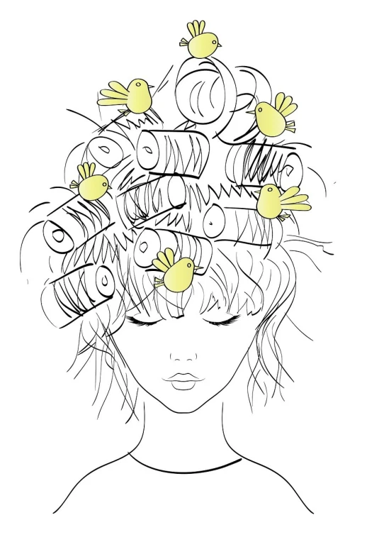 a drawing of a woman with flowers in her hair, an illustration of, trending on pixabay, with chicks, exhausted, wavy hair yellow theme, one - line drawing