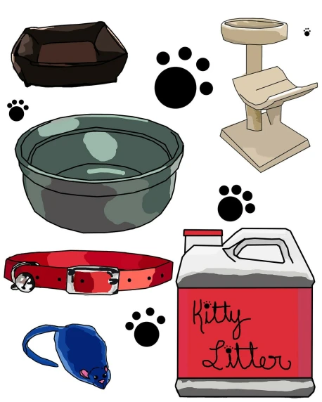 a bunch of items sitting on top of a table, an illustration of, cat detailed, simple and clean illustration, tank, clip-art