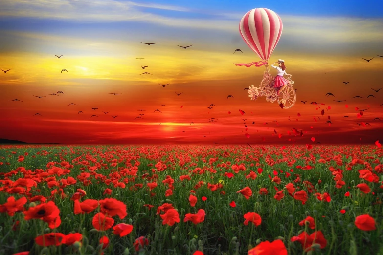 a hot air balloon flying over a field of red flowers, fantasy art, photo - manipulation, poppies, mary poppins, very beautiful photo