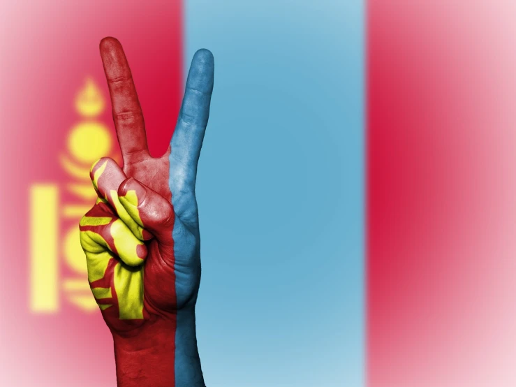 a hand with a peace sign painted on it, a photo, inspired by Slobodan Pejić, shutterstock, stuckism, flag in his right hand, mongolia, sicilian, cover shot