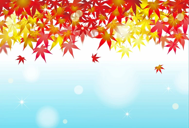 a blue sky filled with lots of red and yellow leaves, a picture, shin hanga, color vector, sparkling light, above side view, 4 legs