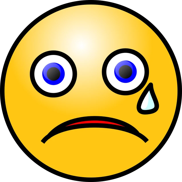 a yellow smiley face with a sad expression, a picture, by Andrei Kolkoutine, pixabay, mingei, tears running down face, & a dark, no gradients, cleary see face