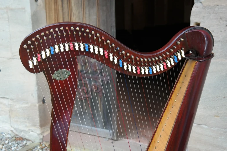 a close up of a harp in front of a building, a portrait, by Edward Corbett, flickr, with colorfull jellybeans organs, brown red blue, bespoke, studio quality