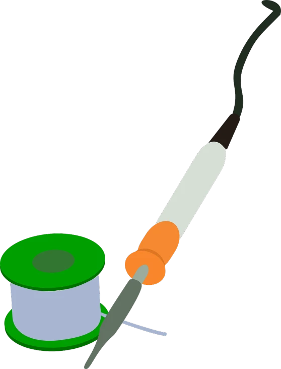 a pair of scissors next to a spool of thread, inspired by Luigi Kasimir, reddit, digital art, smoking soldering iron, lineless, orange, a green