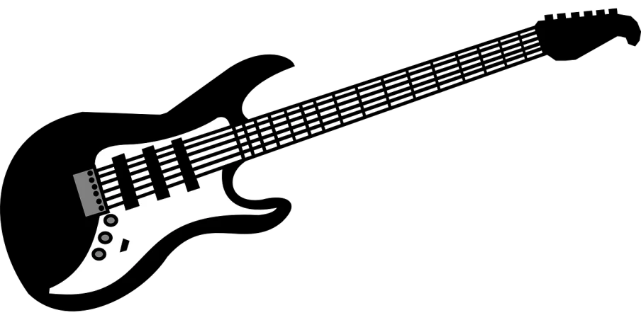 a white electric guitar on a black background, vector art, inspired by John McLaughlin, pixabay, 3840x2160, double bass, black stencil, neck zoomed in