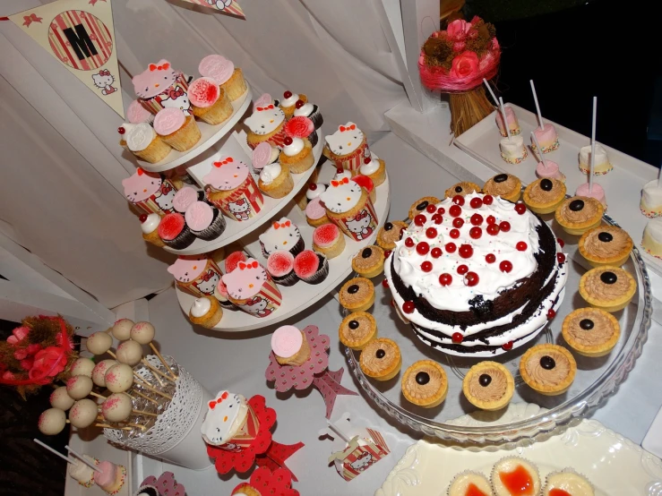 a table topped with lots of cupcakes and cakes, by Nándor Katona, hello kitty, closeup photo, red brown and white color scheme, very accurate photo