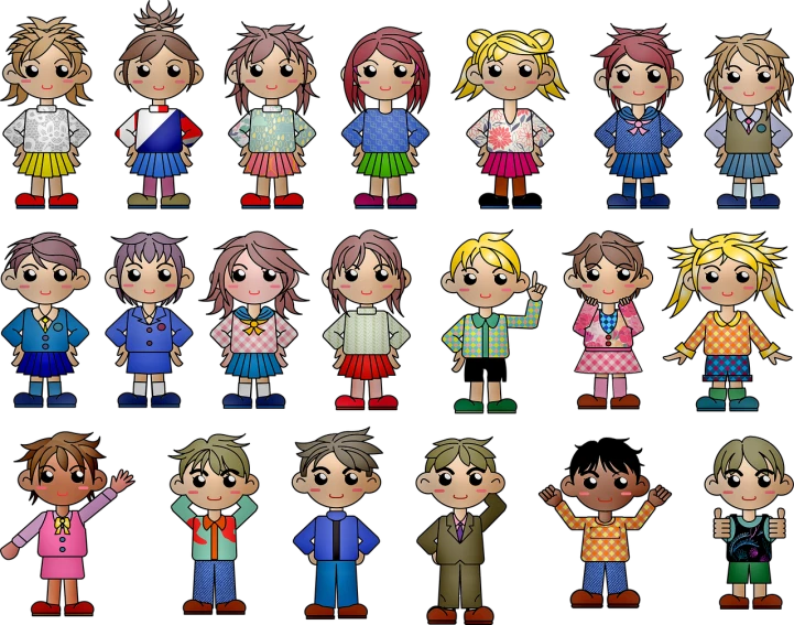 a group of cartoon children standing next to each other, a digital rendering, deviantart, spritesheet, pop japonisme 3 d ultra detailed, only a few bangs of hair, cartoon style illustration