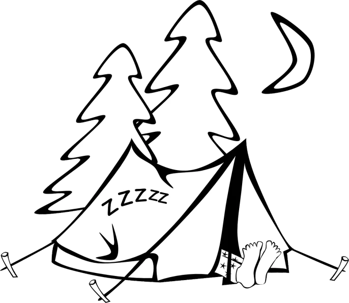 a black and white drawing of a tent in the woods, pixabay, snoring, leg, black color on white background, sticker illustration