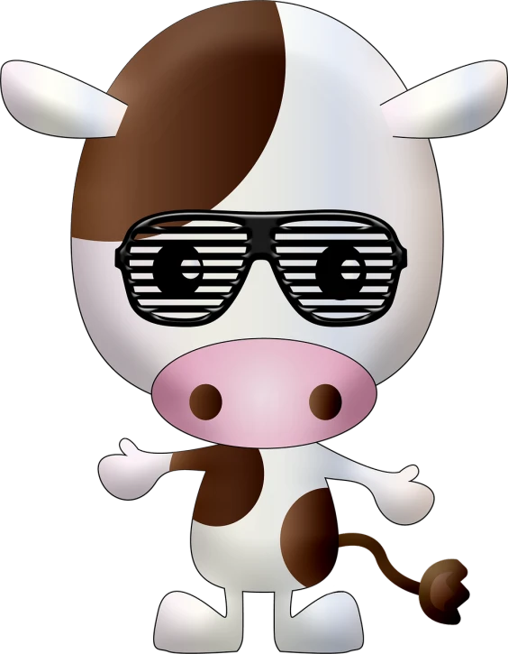 a brown and white cow wearing sunglasses, a digital rendering, inspired by Leo Leuppi, pixabay contest winner, neo-dada, chibi, 1128x191 resolution, hamburglar, goodnight