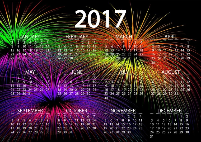 a colorful calendar with fireworks in the background, a digital rendering, 2 0 1 7, with a black background, pulse projections, wallpaper for monitor