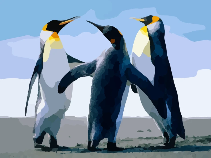 a couple of penguins standing next to each other, a digital painting, digital art, vectorised, three animals, dancing with each other, posterized color