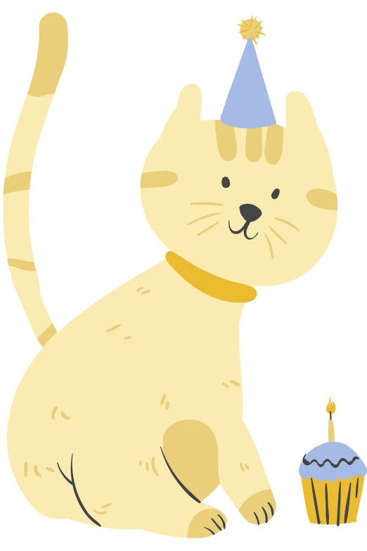 a cat with a birthday hat sitting next to a cupcake, an illustration of, mingei, holding a golden bell, flat color, candle, children's illustration