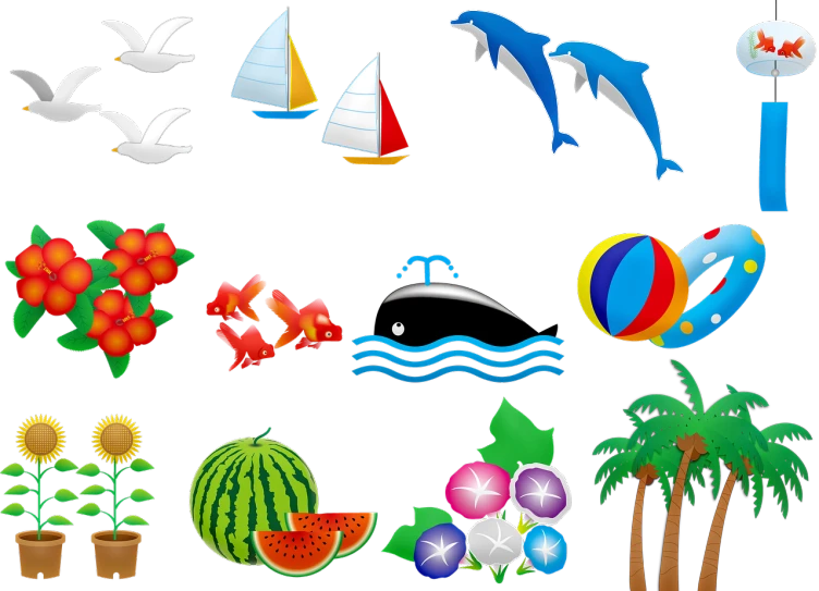 a bunch of different types of objects on a black background, vector art, trending on pixabay, naive art, tropics, illustrated logo, on the ocean, sprite 2 d