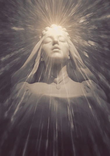 a statue of a woman with her eyes closed, digital art, by Kurt Roesch, tumblr, synthetism, bursting with holy light, liquid headdress, goddess of lightning, fresnel effect