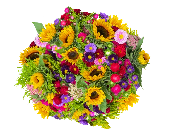 a bouquet of sunflowers and other colorful flowers, shutterstock, baroque, 360 degree view, high quality product image”, view from above, 4 0 mp