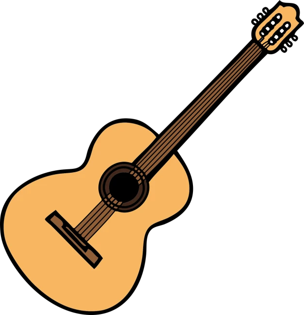 an acoustic guitar on a black background, an illustration of, inspired by Carlos Enríquez Gómez, simplified, stick, plain, muted brown yellow and blacks
