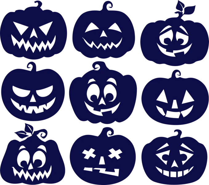 a set of halloween pumpkins on a black background, vector art, ((blue)), navy blue, untextured, 9 0's