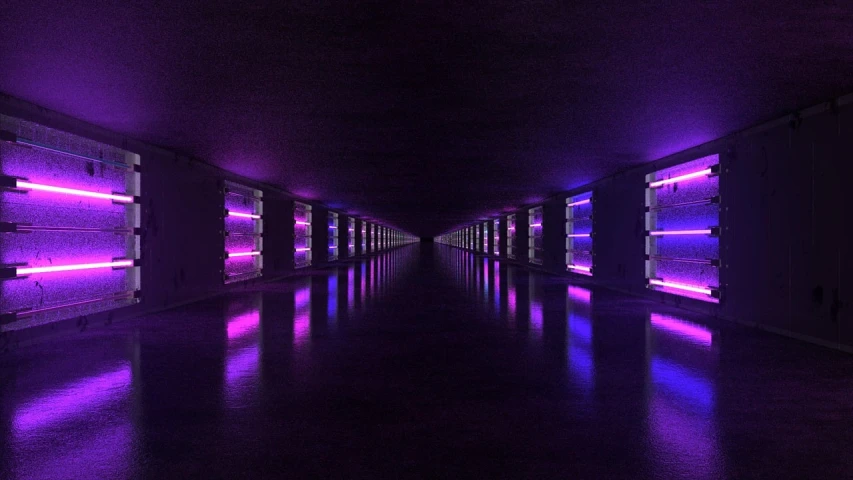 a long hallway is lit up with purple lights, a digital rendering, unsplash, conceptual art, mining, daniel maidman octane rendering, black mirror series, cinema 4d colorful render