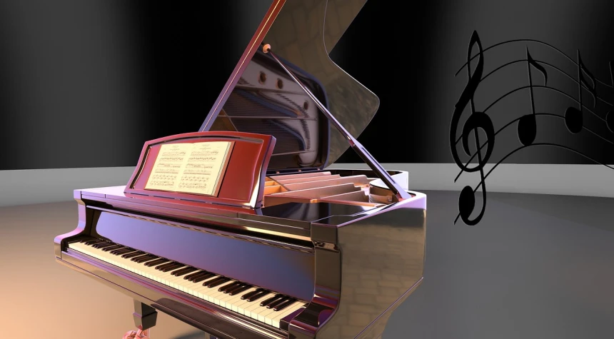 a grand piano with music notes in the background, a 3D render, by Robert Medley, polycount contest winner, realistic metal reflections, cinema 4d multi-pass ray traced, game cg, plays music