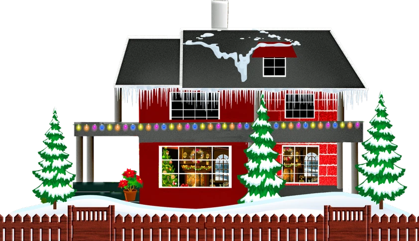 a red house is decorated with christmas lights, a digital rendering, 20k, cut, mr. house, clipart