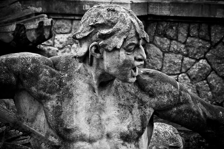 a black and white photo of a statue, by Hans Schwarz, pixabay contest winner, staring hungrily, chiseled muscles, gardening, grotty